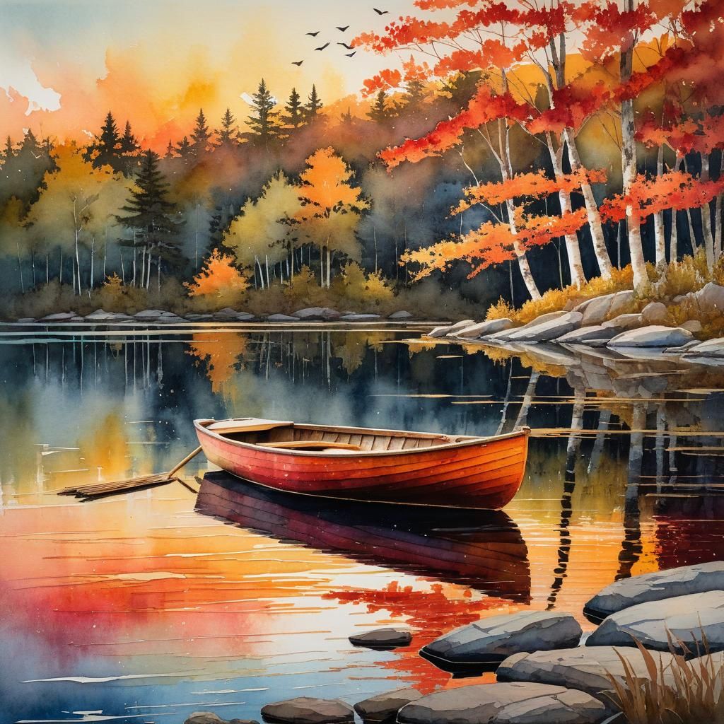 New England Lake Sunset in Impressionist Style