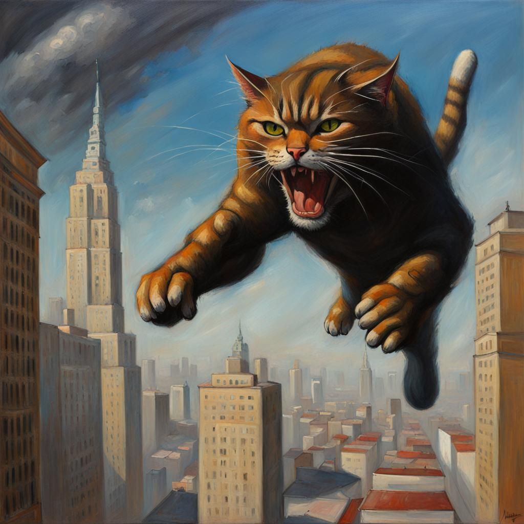 Giant Cat City Attack in Oil Painting Style