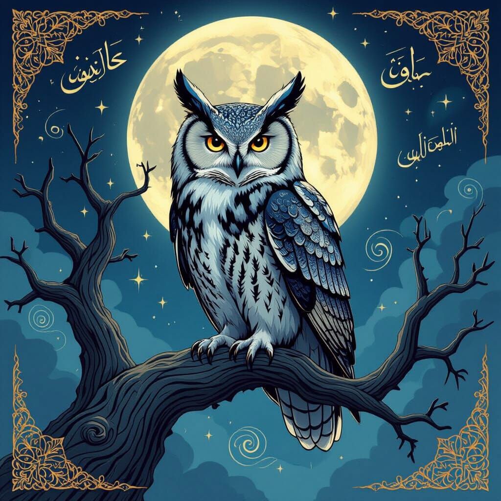 Wise Owl on Moonlit Tree with Celestial Calligraphy