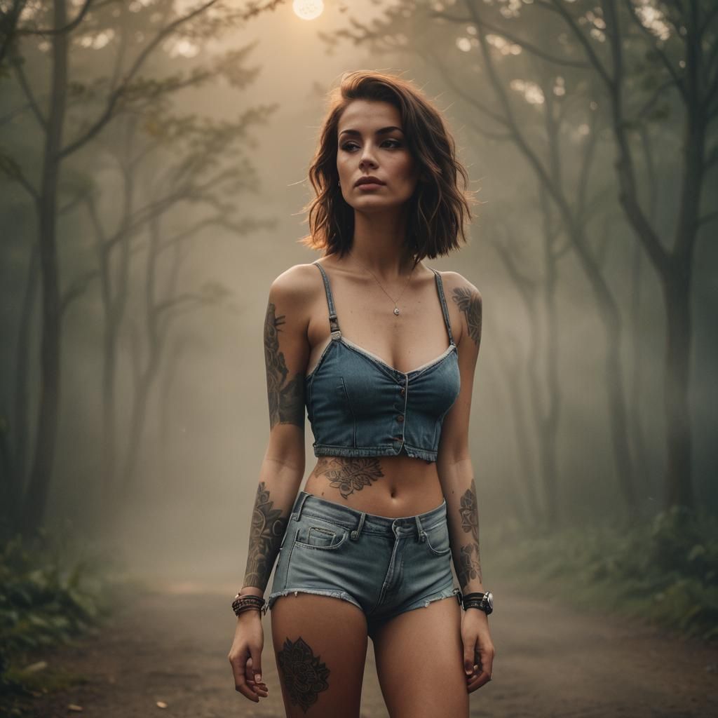 Tattooed Brunette in Denim: Retro Fashion Photography