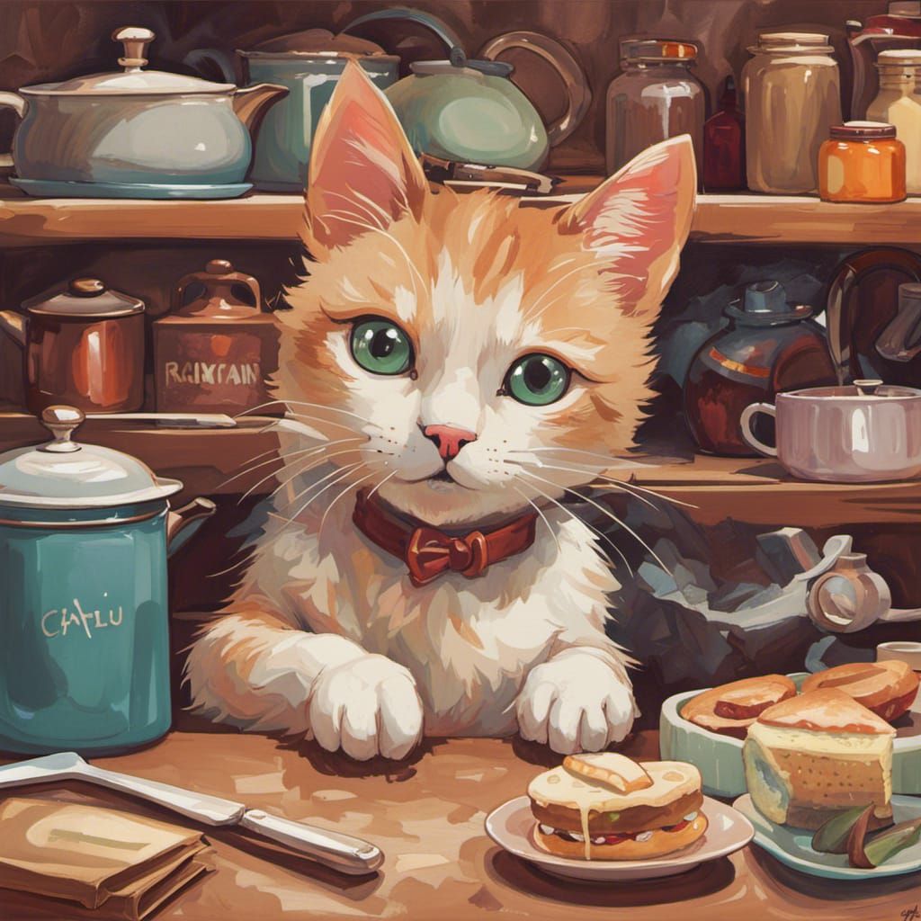 Adorable Cat Baking Cake, Pixar Animation Style