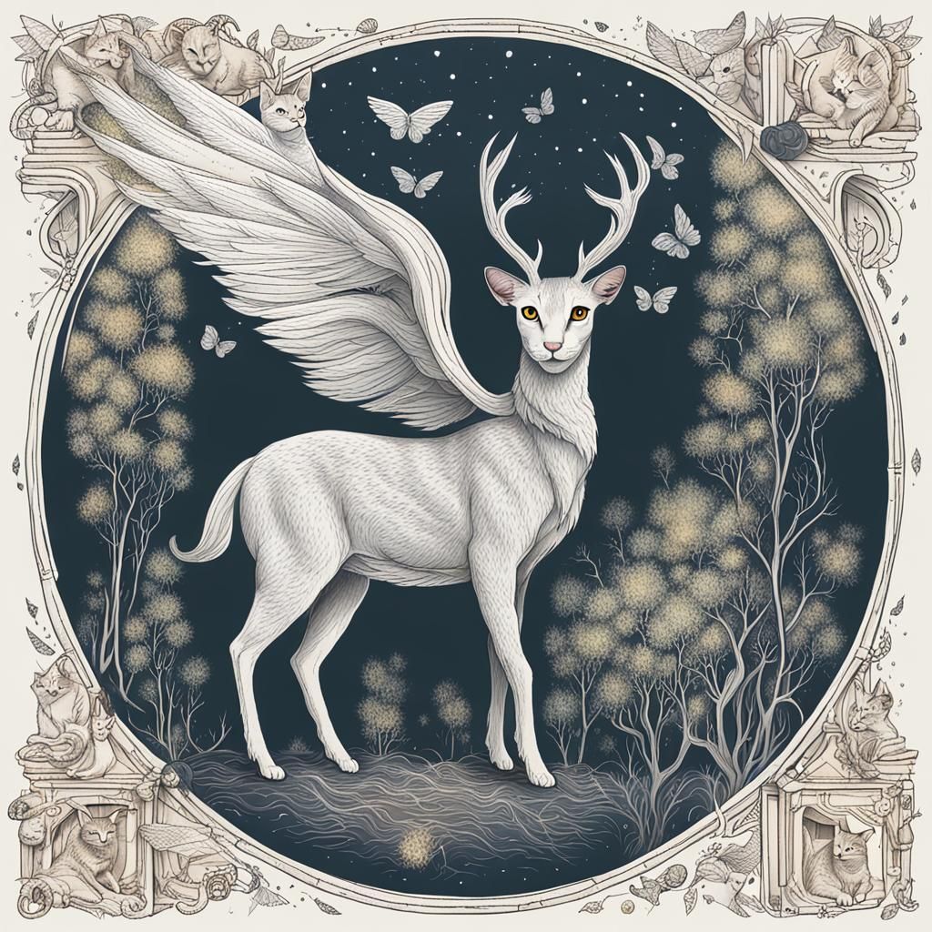 Ghostly Winged Cat-Deer Hybrid Portrait