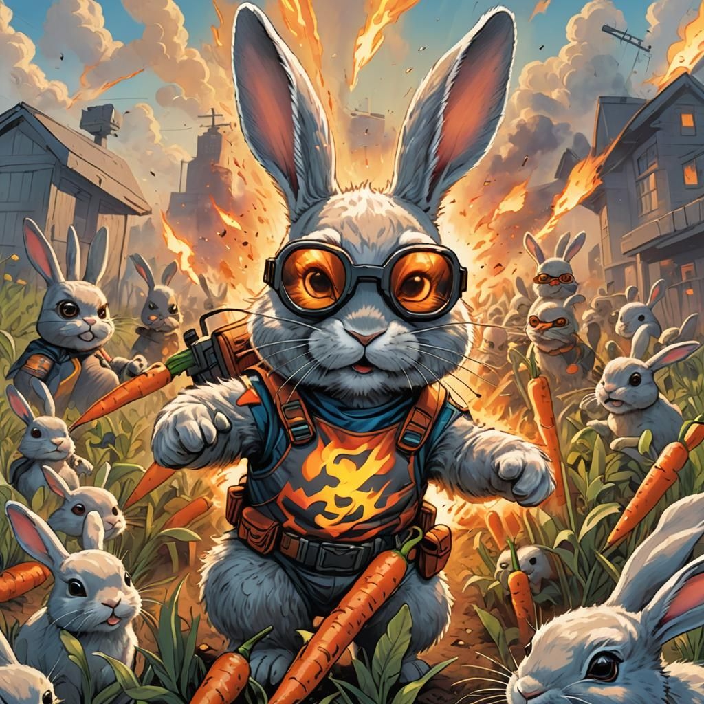 Superhero Bunny Protecting Carrot Patch, Comic Book Art