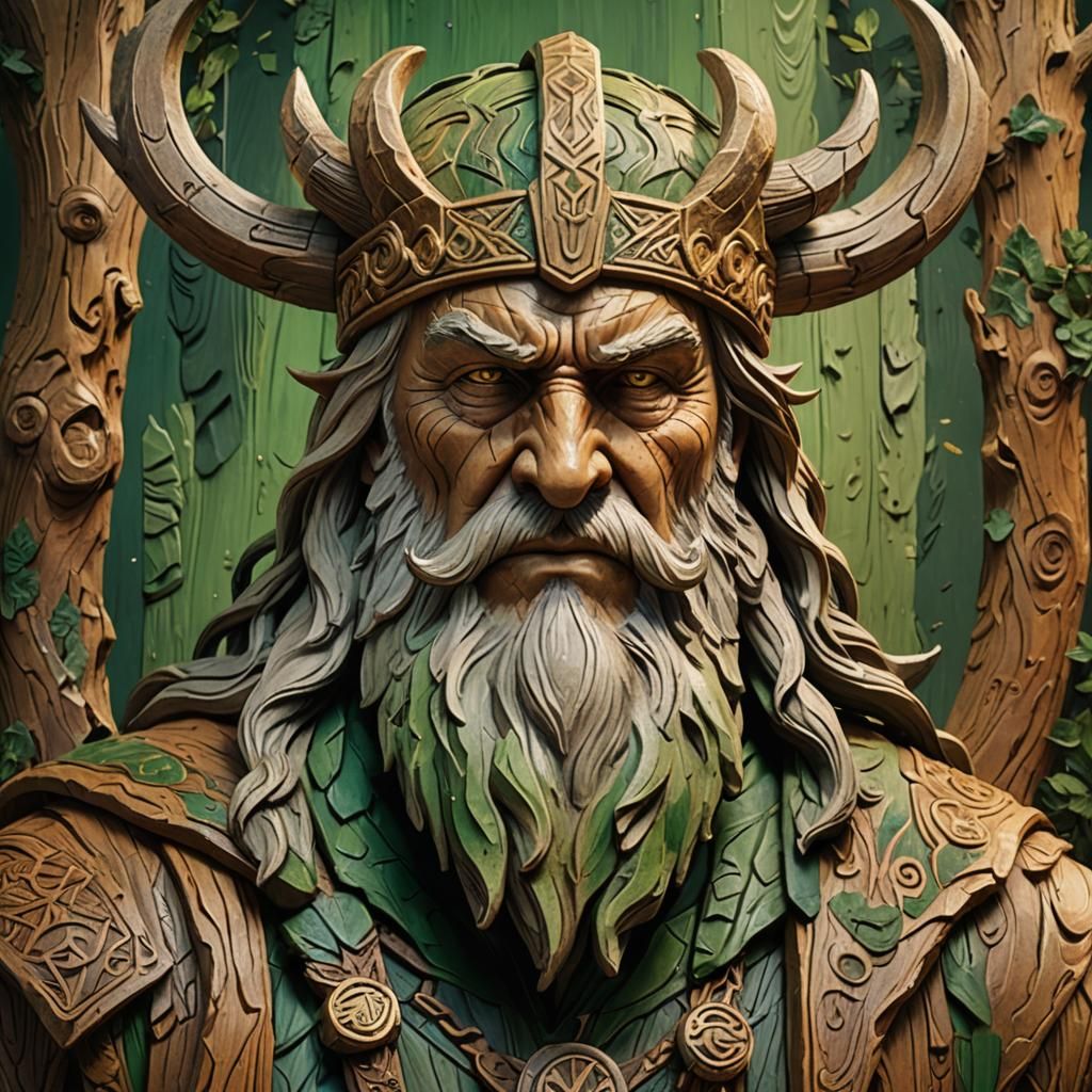 Odin Statue with Visible Wood Grain in Digital Painting