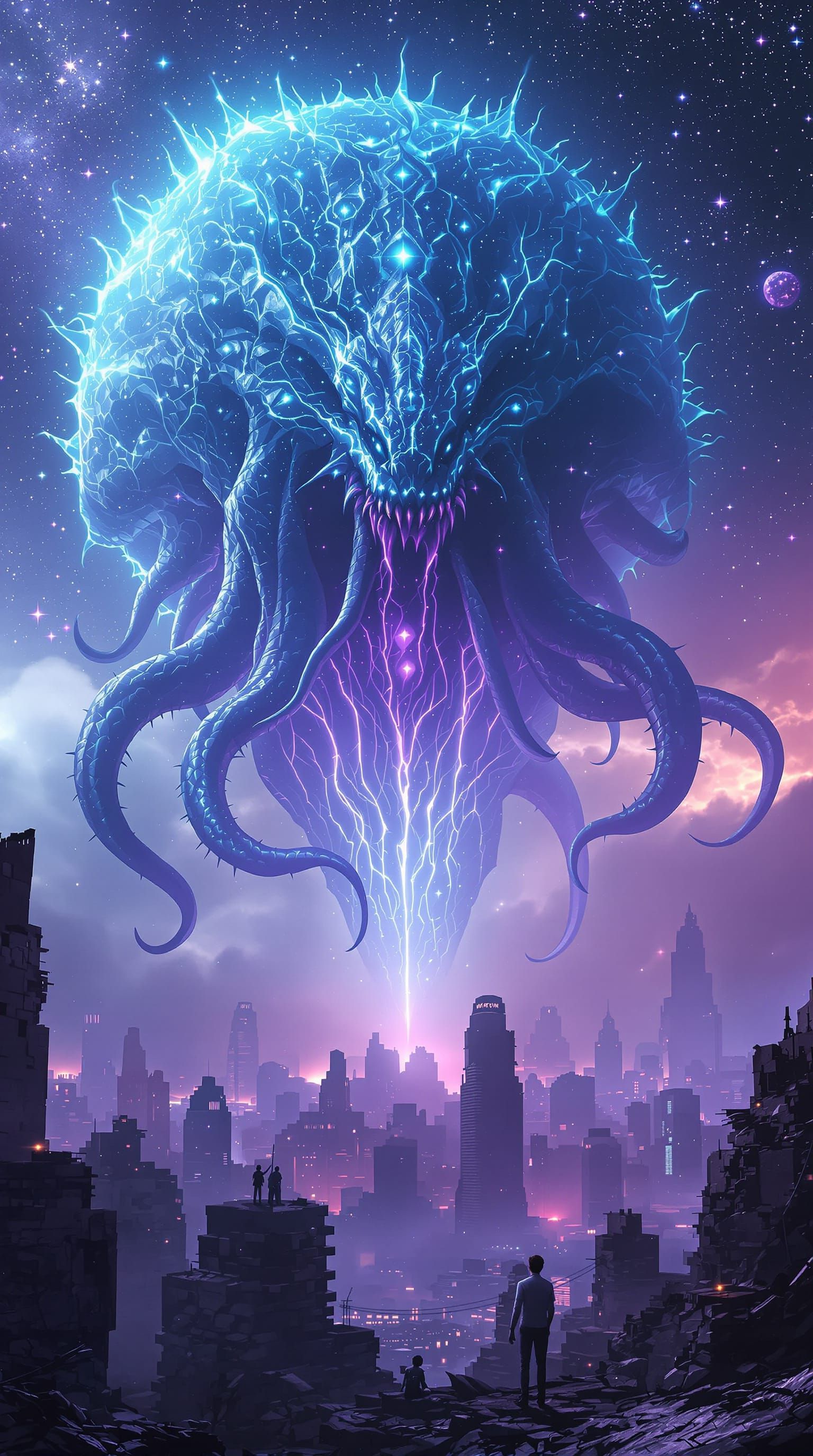 Bio-luminescent Cosmic Monster Above Futuristic City