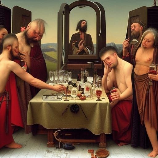 Renaissance-Style Portrait of Men Waiting for Drinks