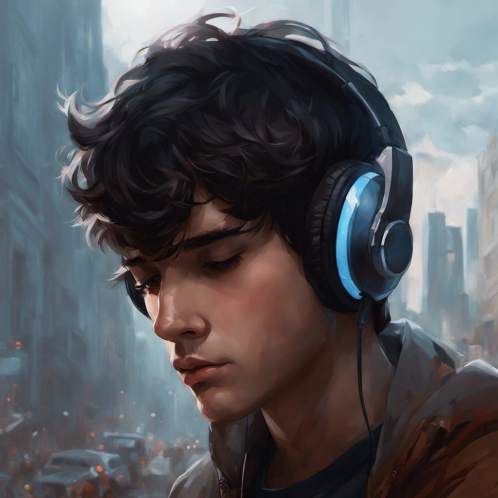Sad Teen with Headphones in Hyperdetailed Digital Art