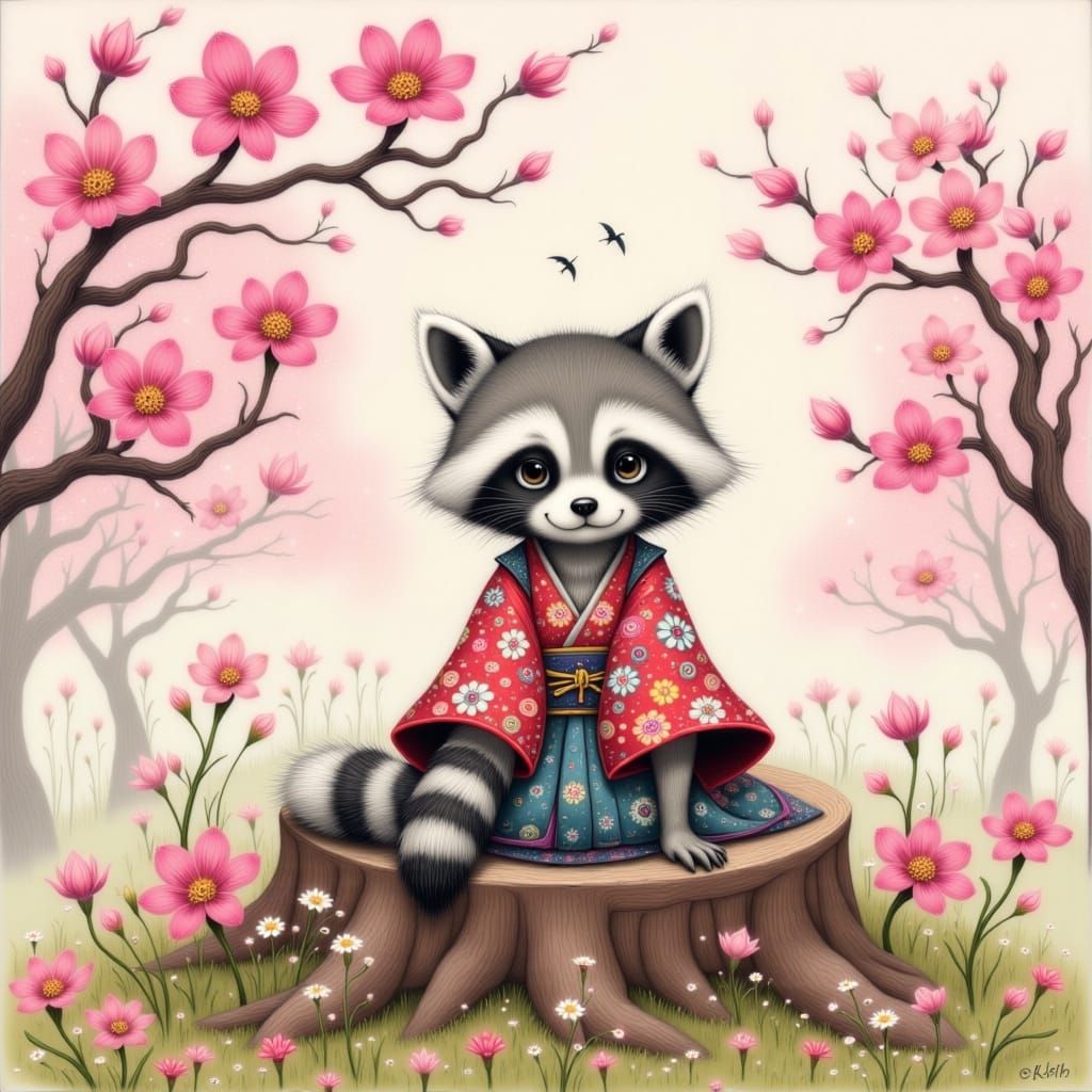 Bake-danuki in Kimono with Cherry Blossoms