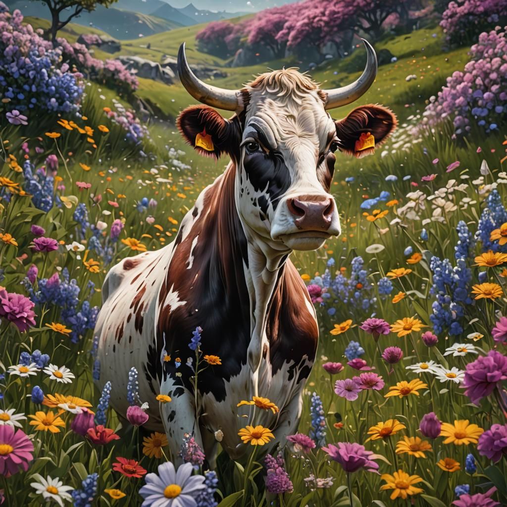 Cow in a Flower Field: Detailed Matte Painting