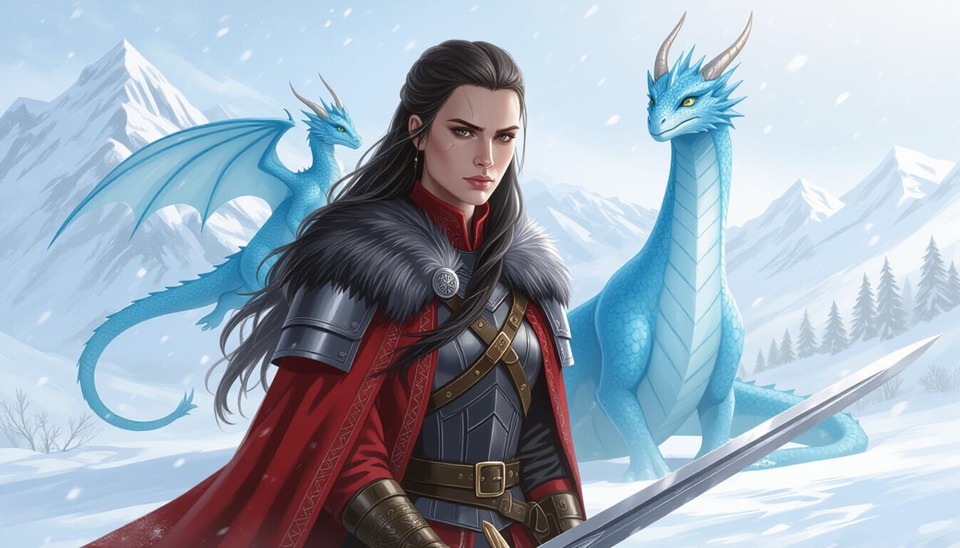 Fantasy Warrior with Dragons in Snowy Landscape