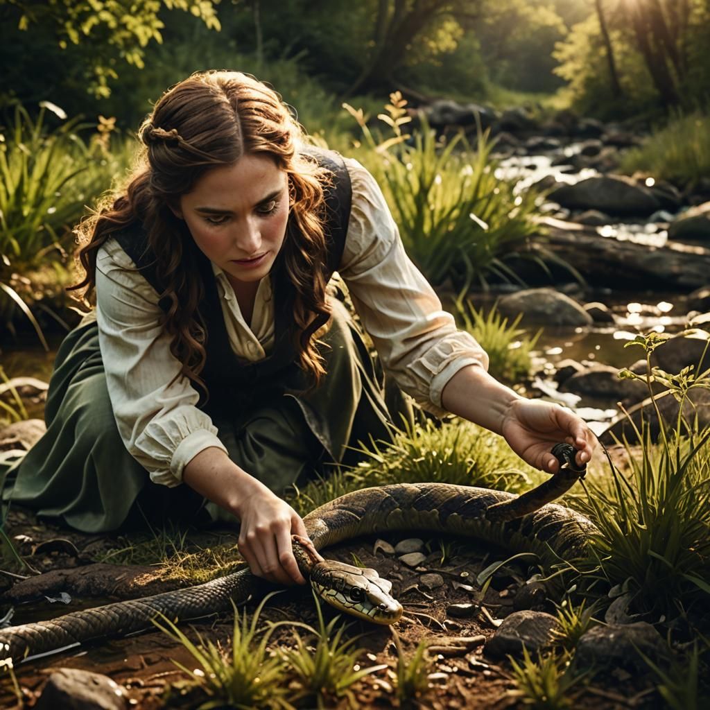Fearsome 1800s Woman Confronts Snake in Meadow