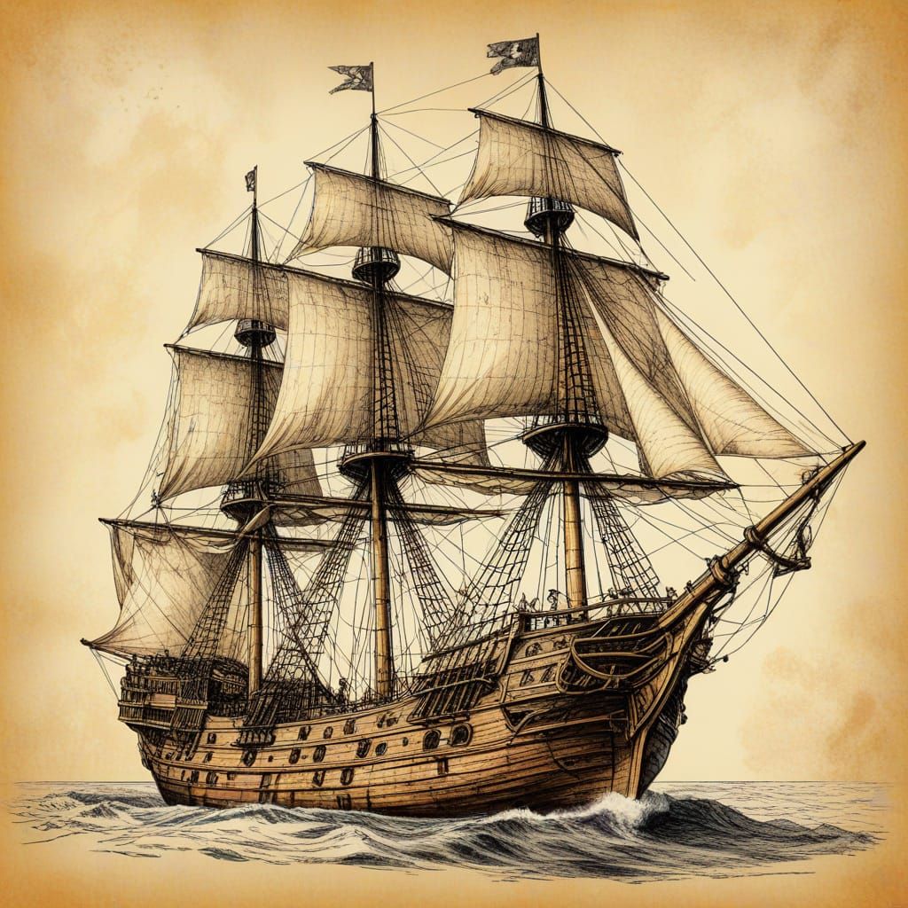 Vintage Pirate Vessel Sails Majestically Under Clear Skies