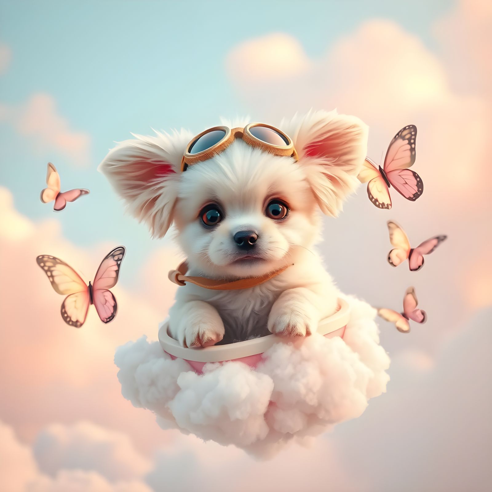 Whimsical Cloud Carriage Ride with Pastel Puppy