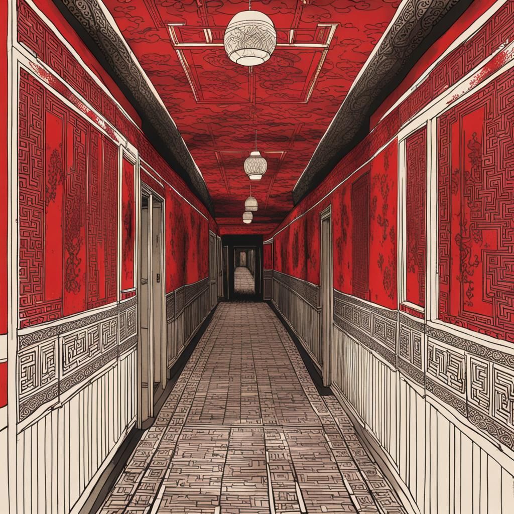 Creepy Red Chinese Hallway in Liminal Space