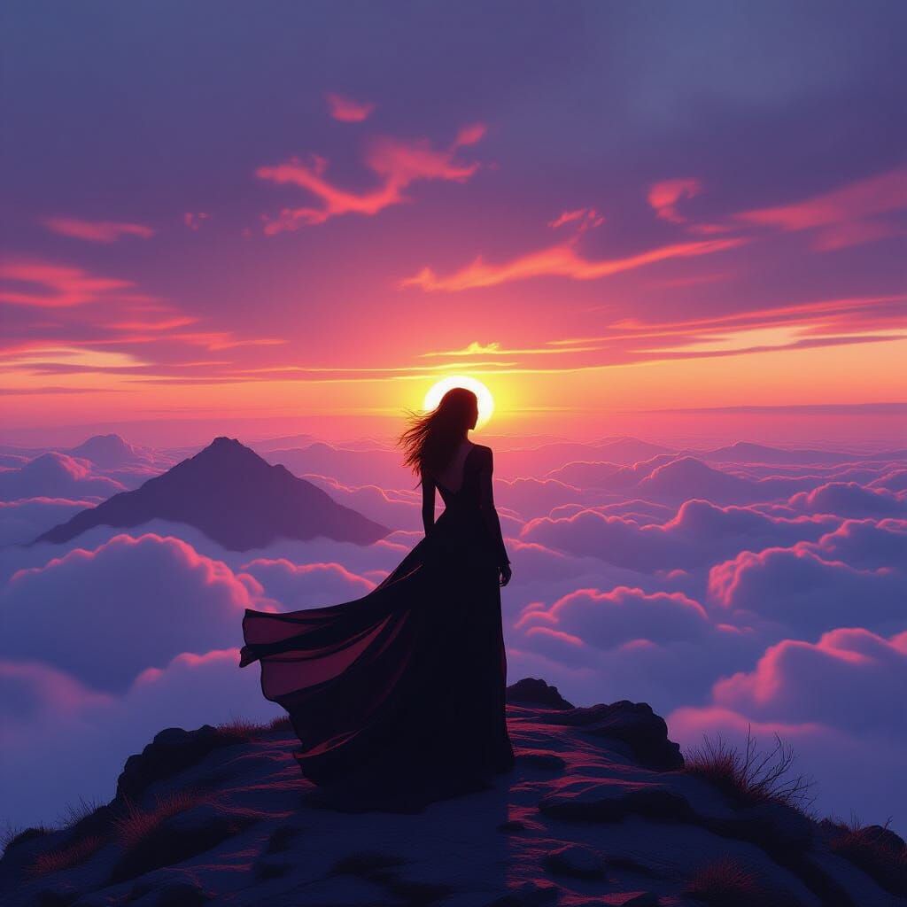 Powerful Woman on Mountaintop at Sunset