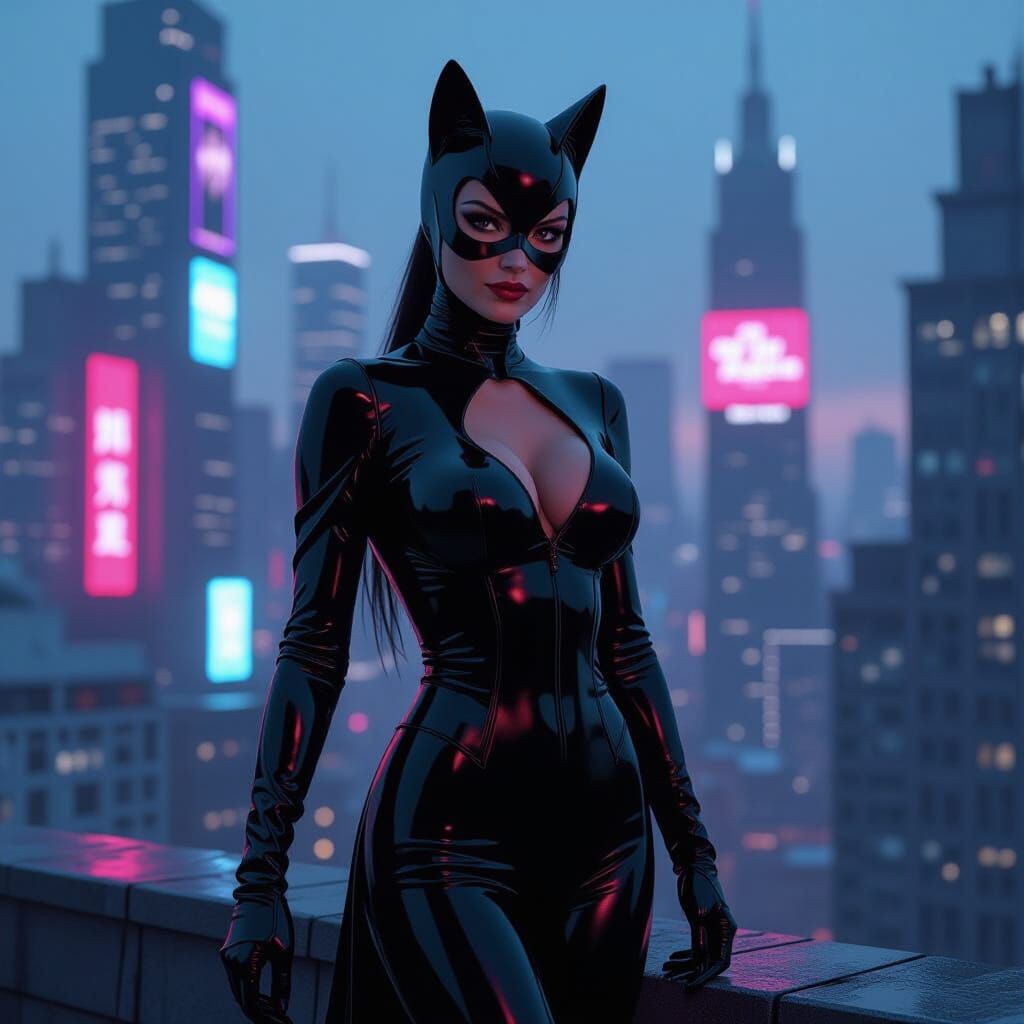 Catwoman on Neon Rooftops in Hyperrealistic Style