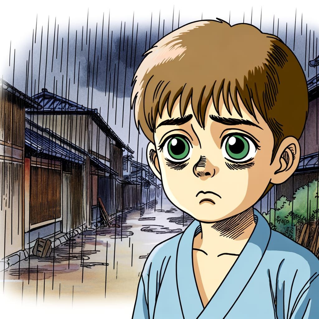Sorrowful Boy in Rainy Street, Japanese Print Style