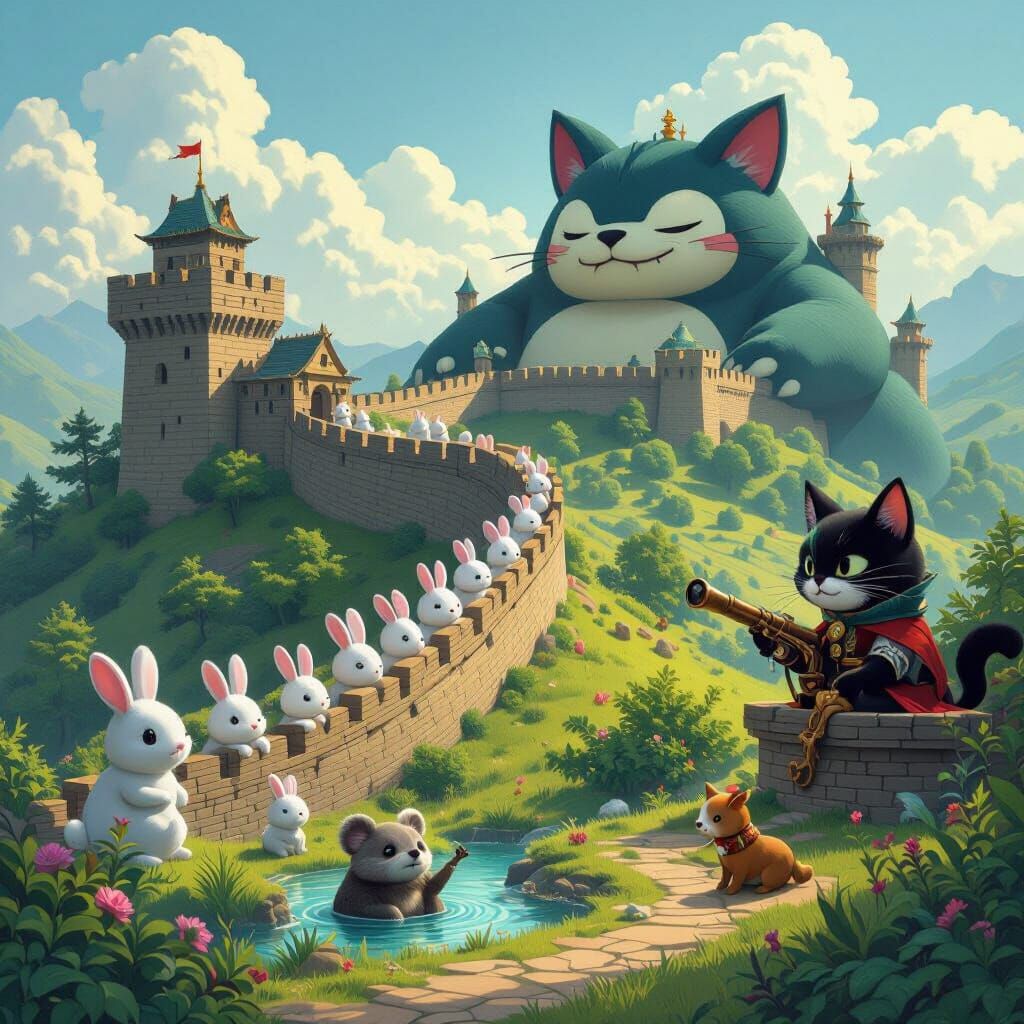 Whimsical Dark Fantasy Scene with Bunnies and Eldritch Fortr...