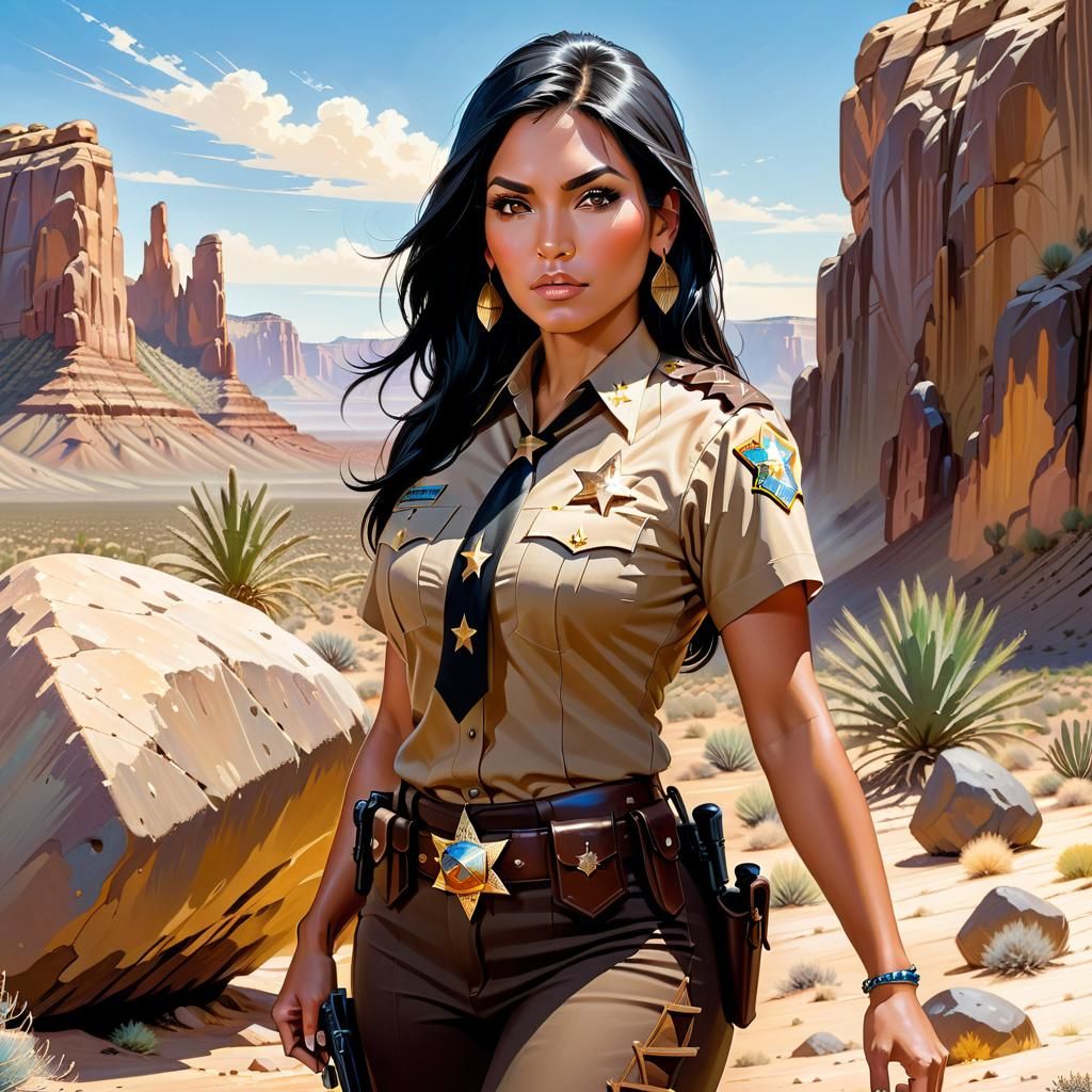 Native American Sheriff in Desert, Impressionistic Comic Art