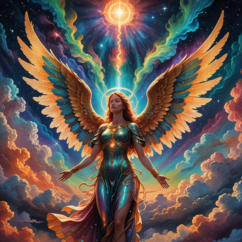 Angels Nudge Miracles into Existence in Vibrant Cosmic Art