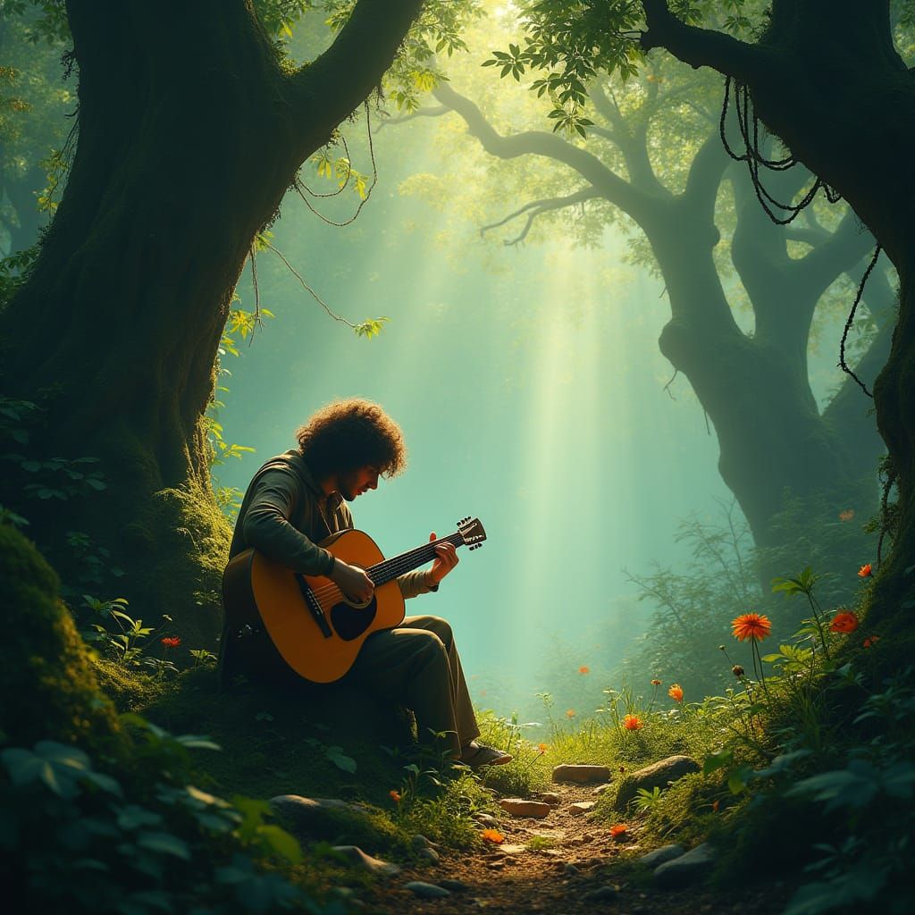 Dreamlike Acoustic Guitarist in Enchanted Forest