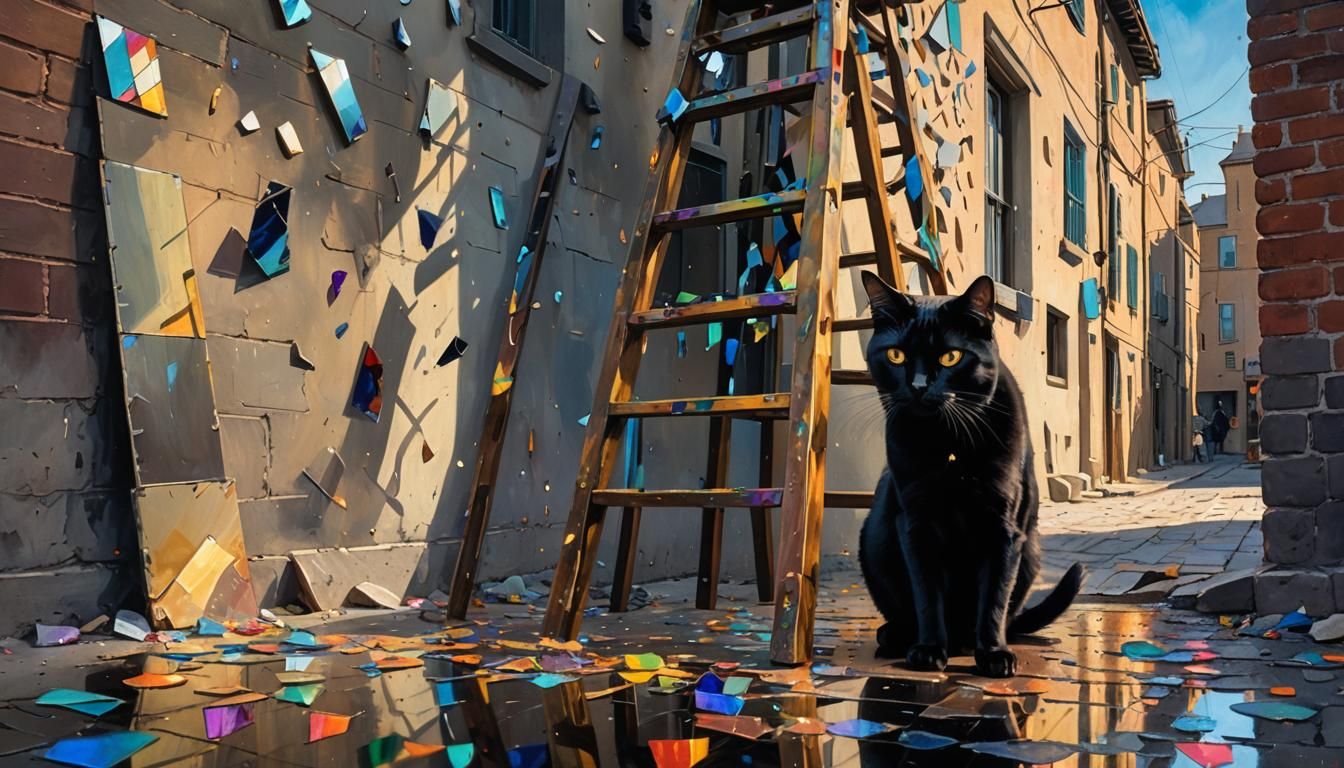 Surreal Black Cat Under Ladder in Dreamlike Setting