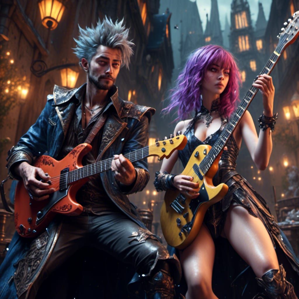 Punk Rock Wizards Playing Guitar, Digital Matte Painting