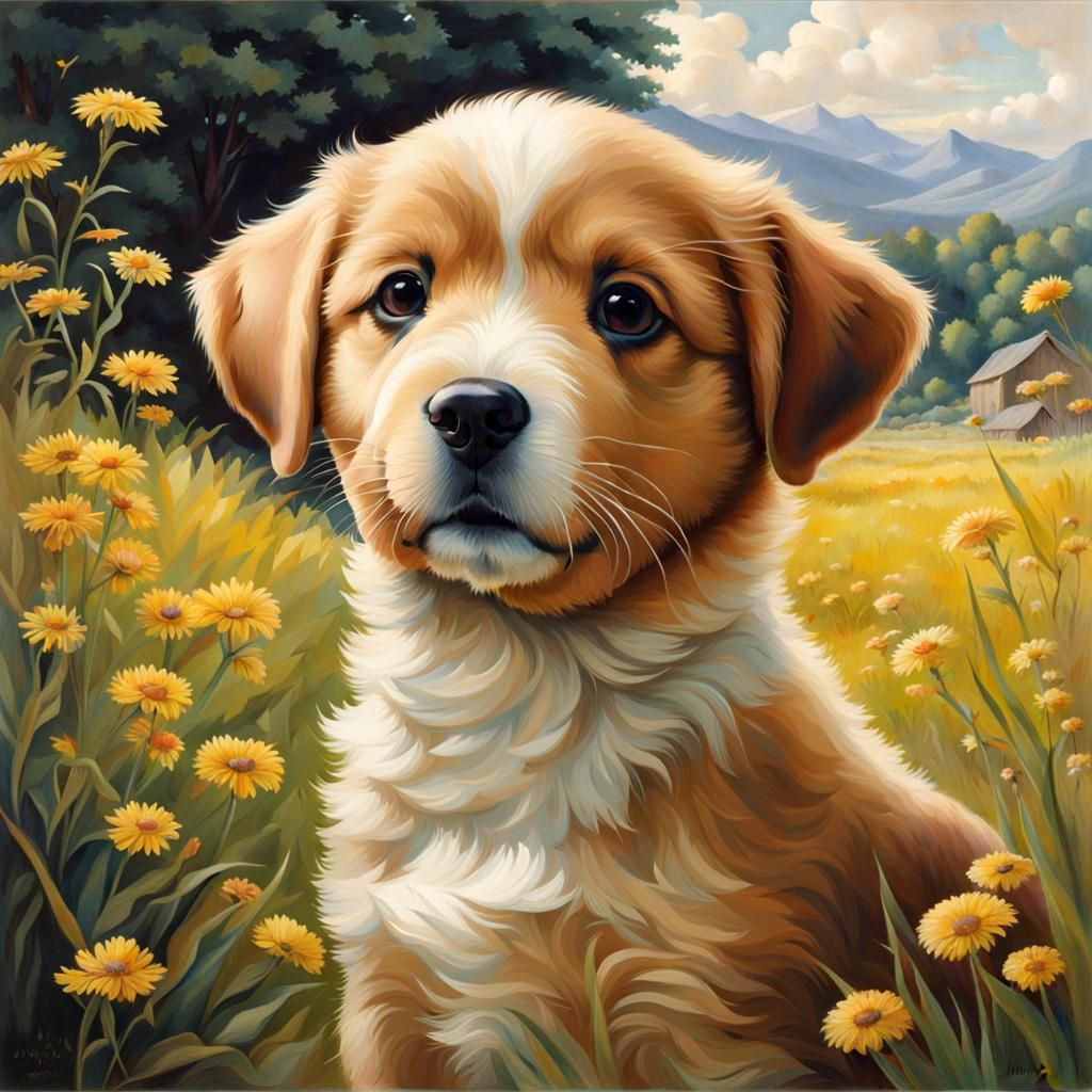 Curious Puppy with Fun Background, Ukiyo-e Style