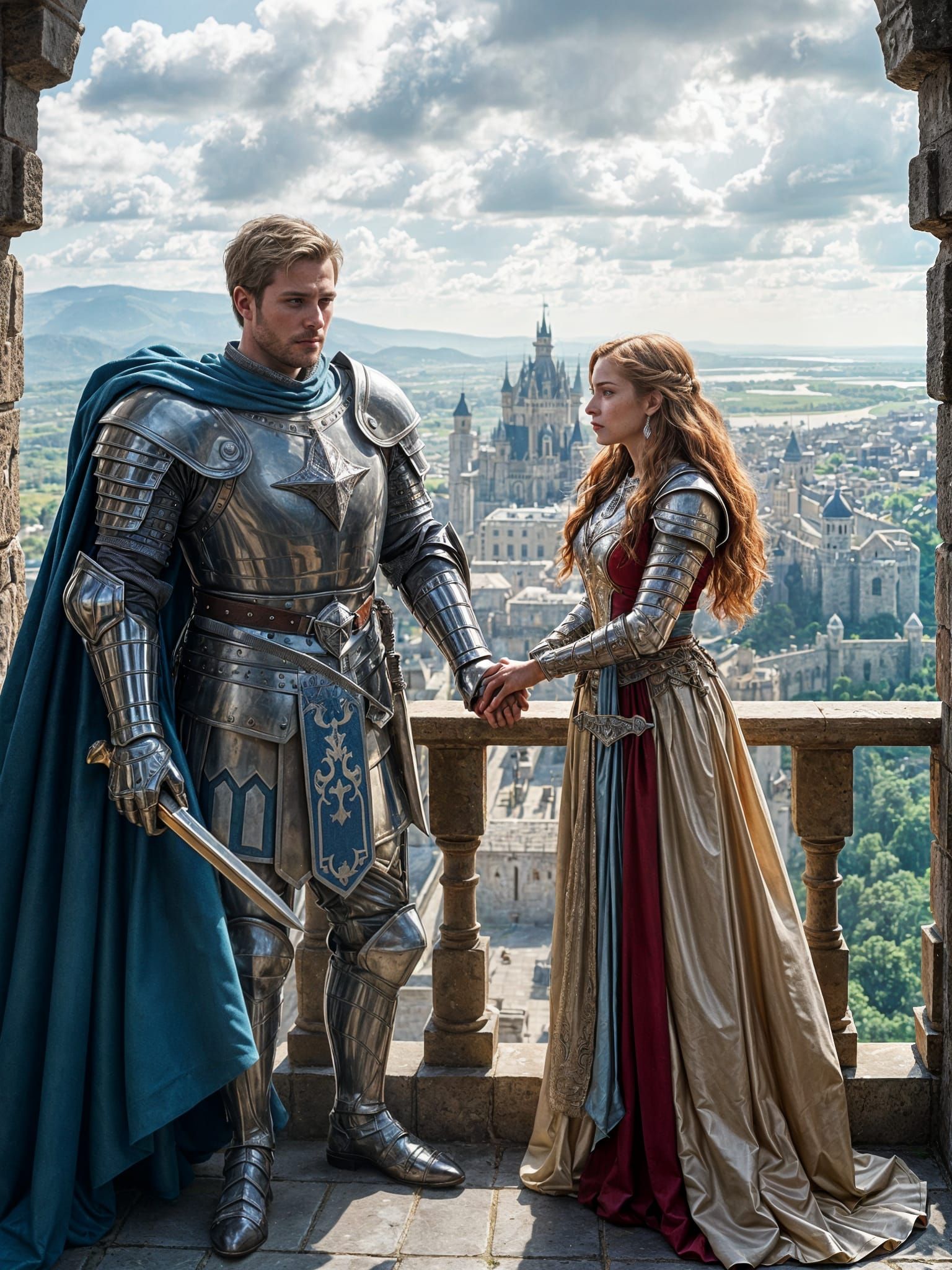 Medieval Knight and Queen Standing on Castle Balcony
