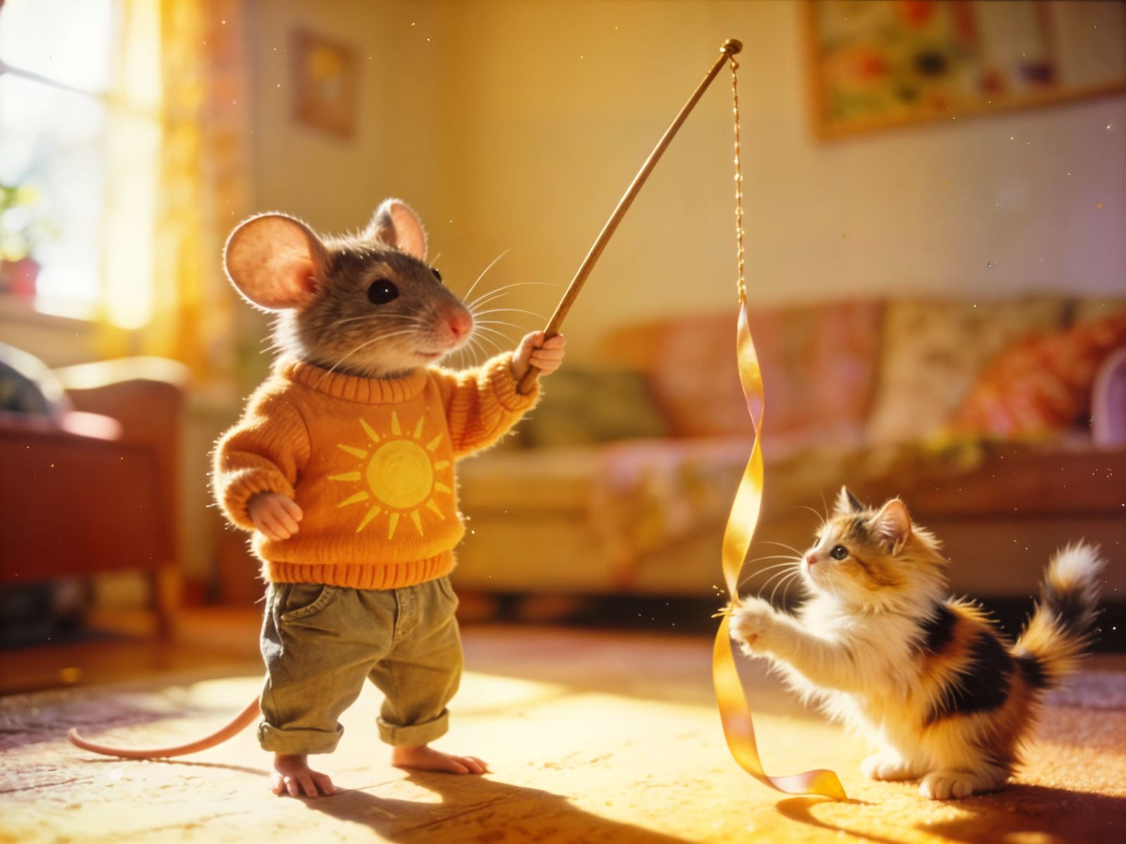 Mouse Plays with Ribbon for Calico Cat in Cozy Living Room