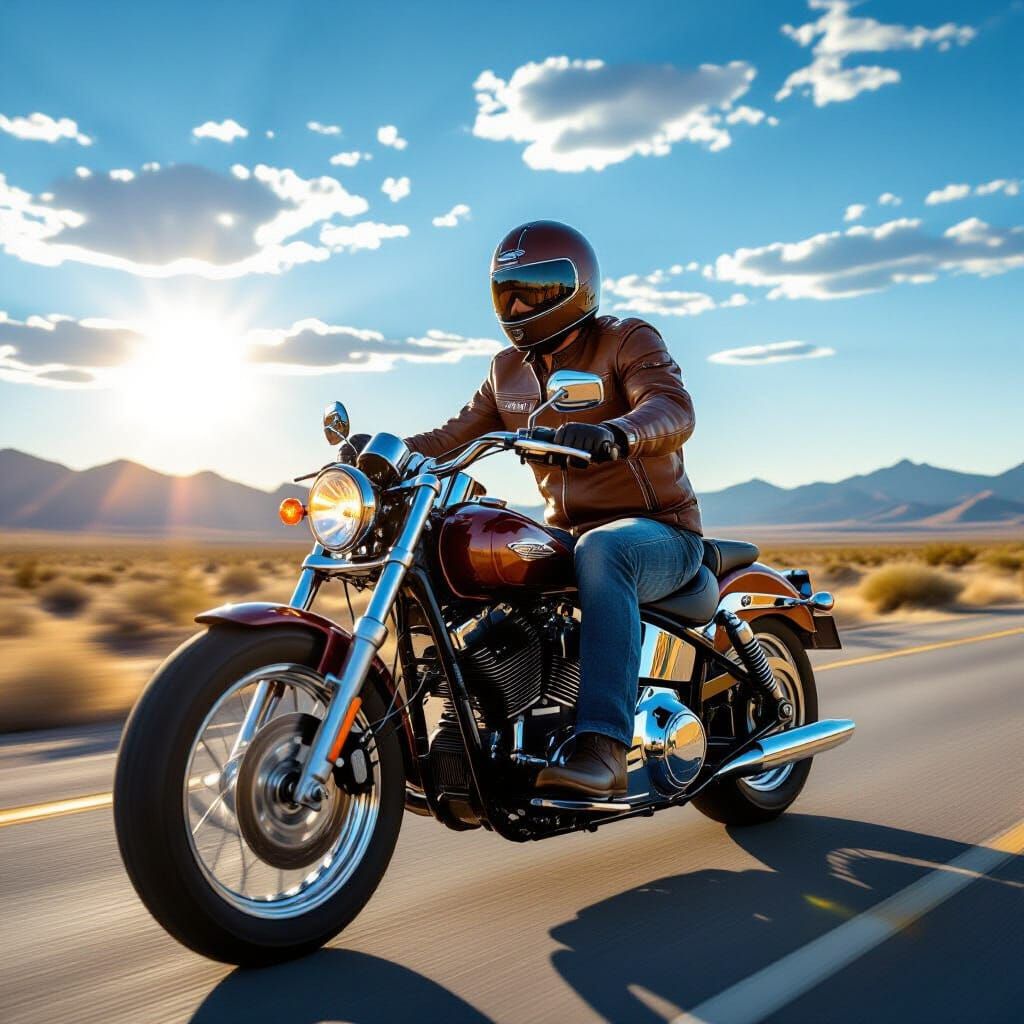 Motorcycle Rider Cruises Desert Highway at Sunset