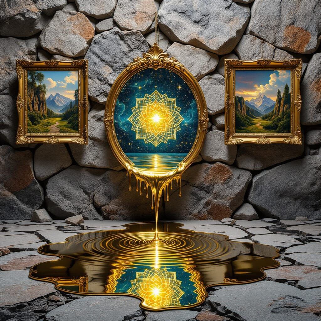 Melting Gold Mirror Reflecting a Magical World