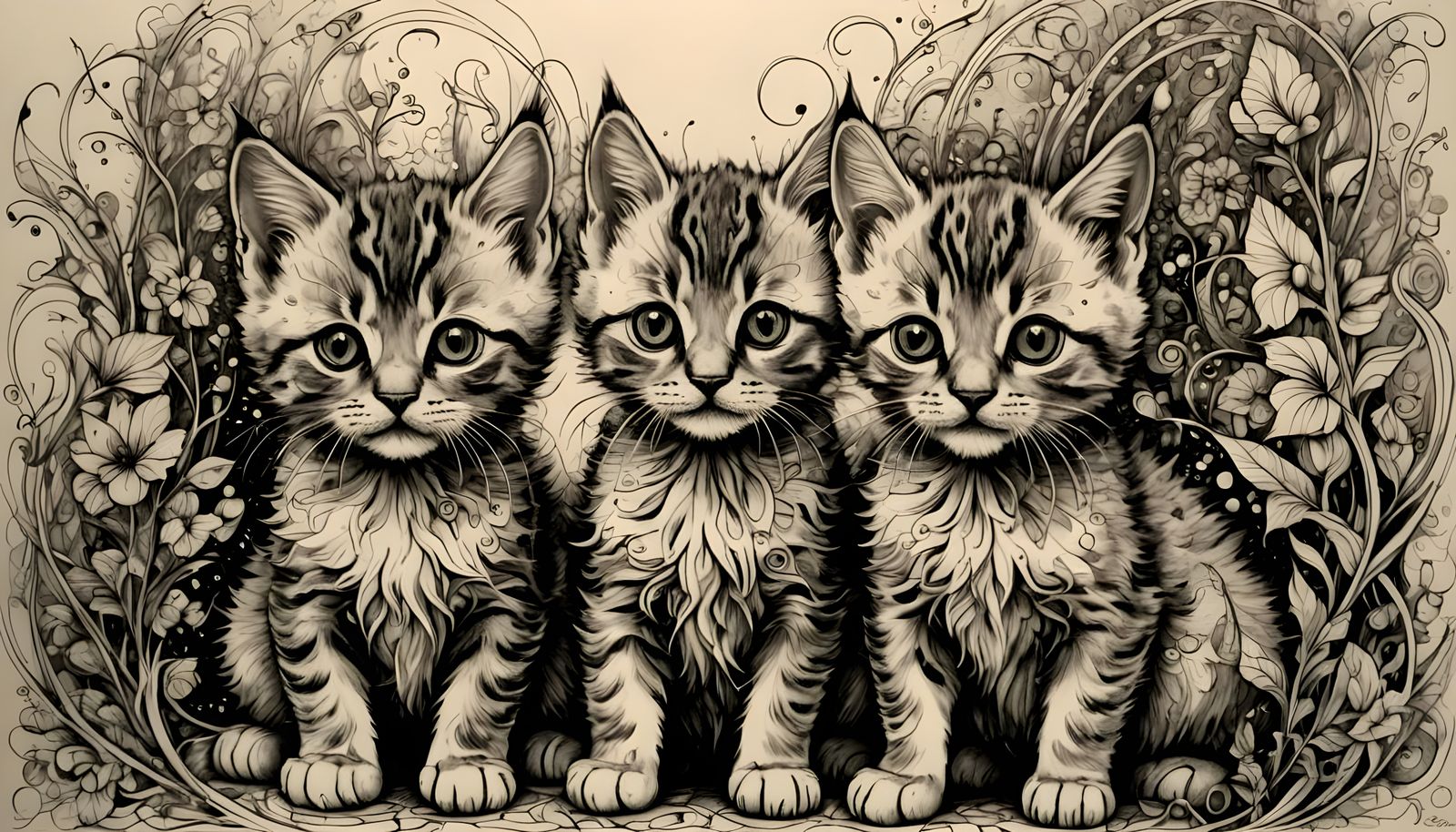 Kittens and Fairy in Expressionist Line Drawing