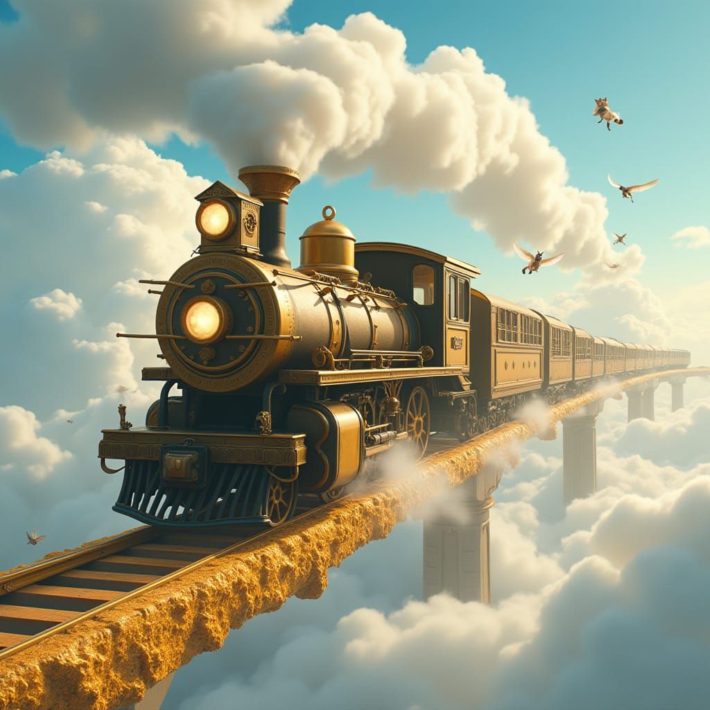 Vintage Flying Train with Winged Raccoons