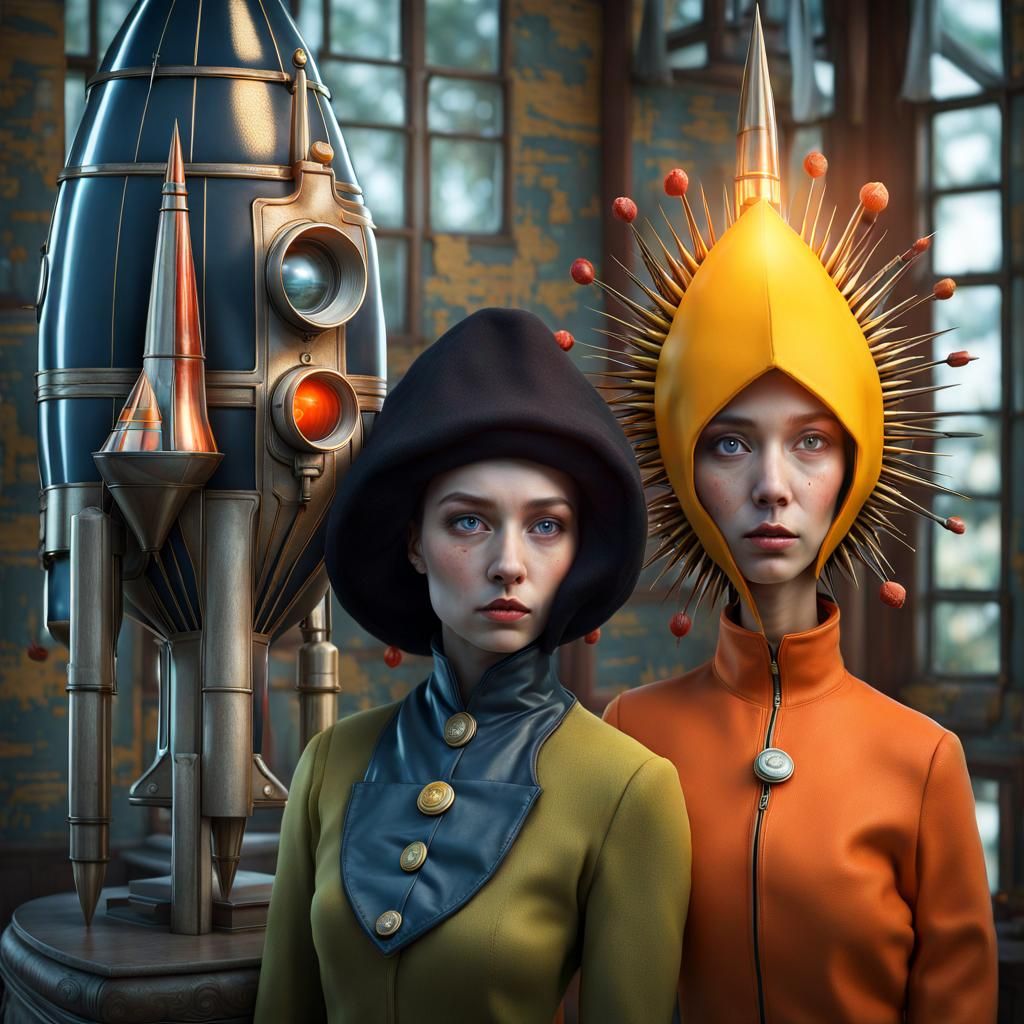 Magical Surreal Rockets Ascend in Dreamy Landscape