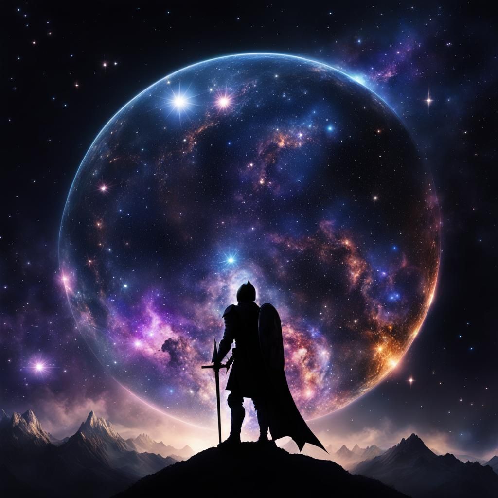 Galaxy Knight Silhouette in Space Double Exposure