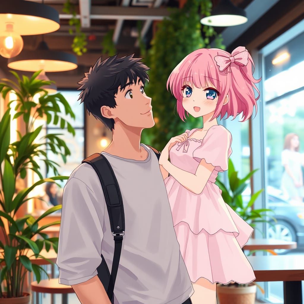 Anime Man Meets Digital Creation in Coffee Shop