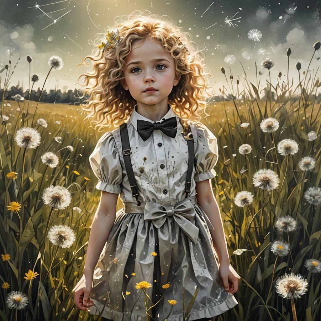 Golden Girl in Dandelion Meadow, Mixed Media Art