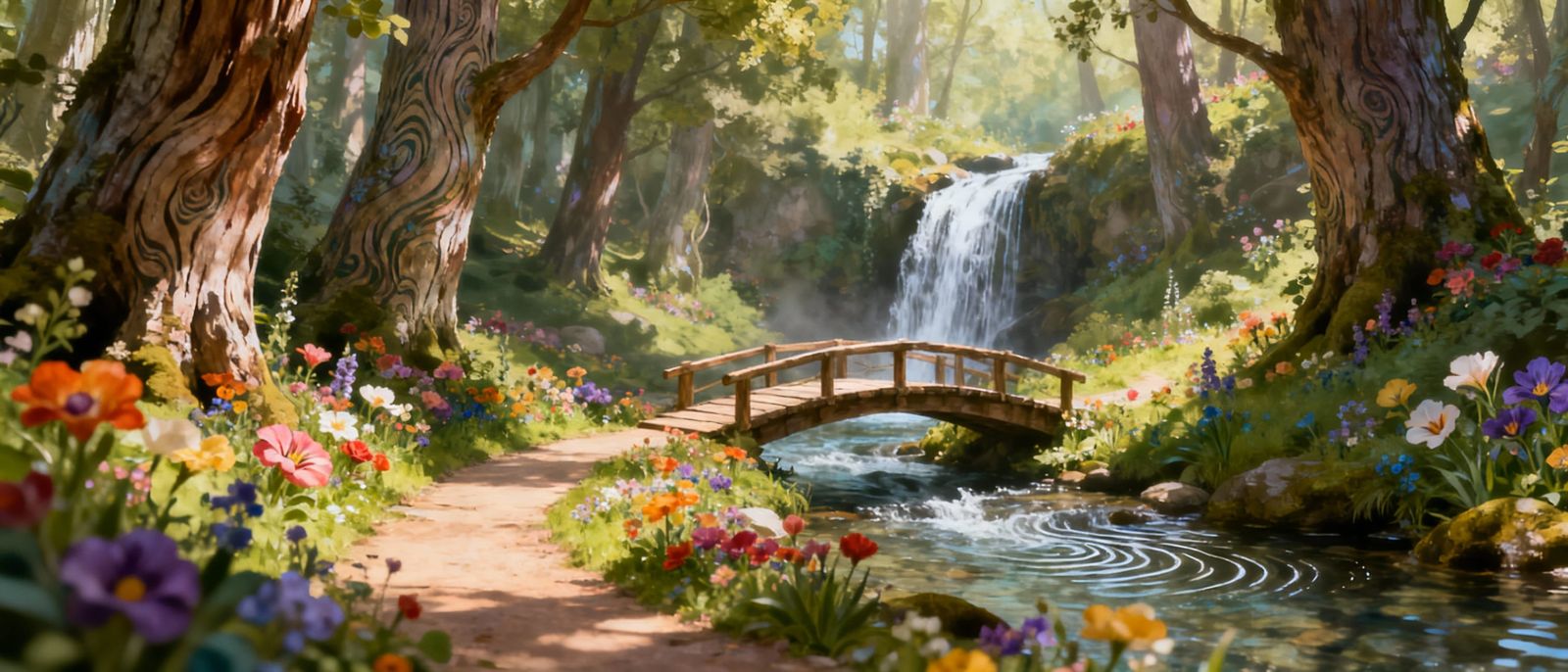 Dreamy Forest Path with Bridge and Waterfall