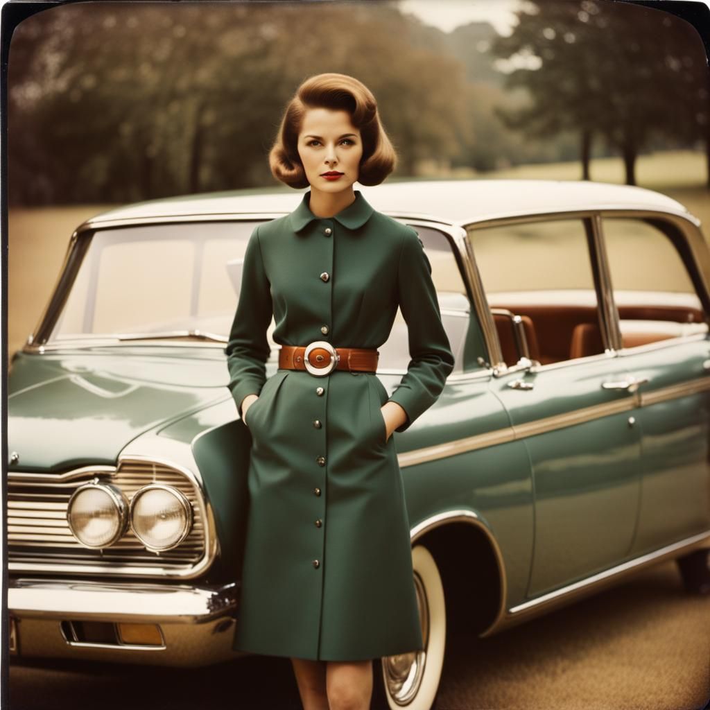 Vintage Polaroid Photo of Woman and 1960s Car