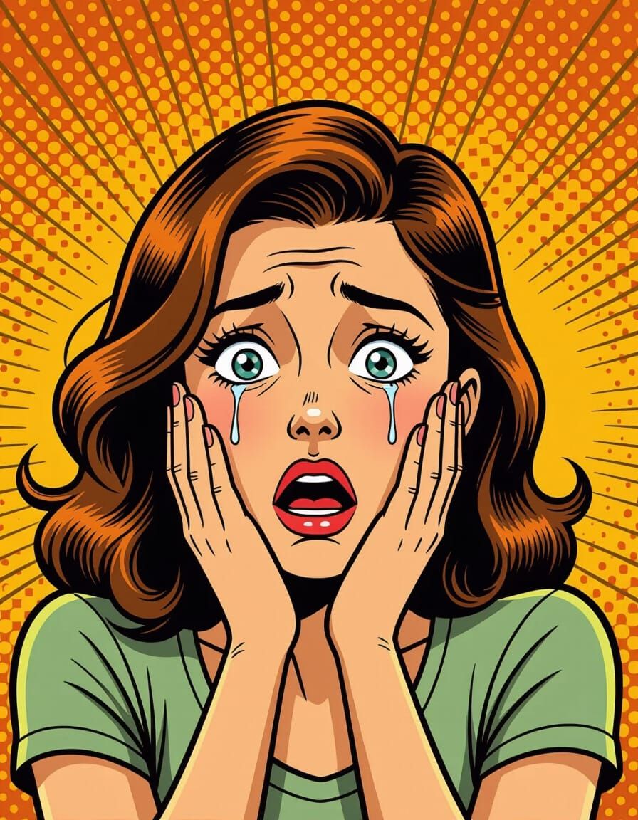 Distressed Woman Cries in Vintage Comic Style