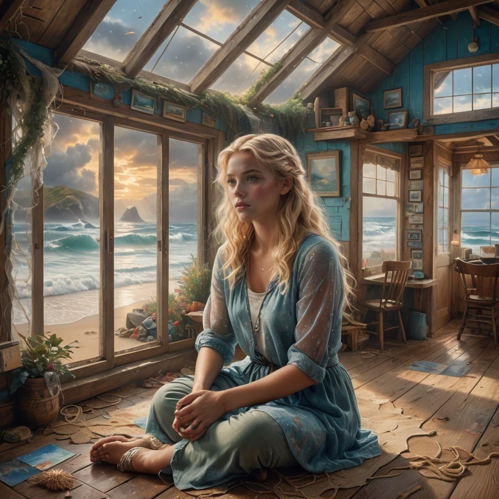 Ethereal Beach Shack Portrait with Ocean Waves