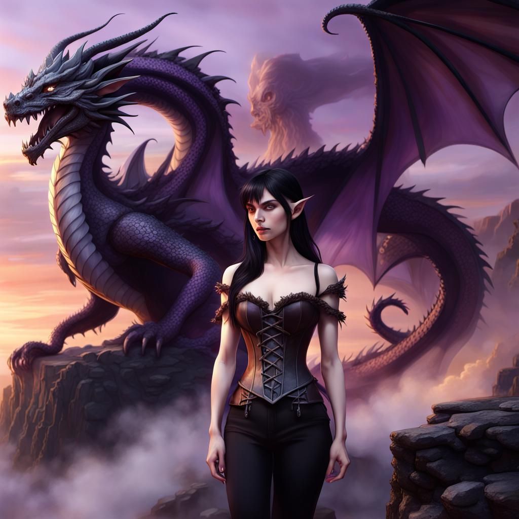 Elf and Dragon on a Cliff at Sunset