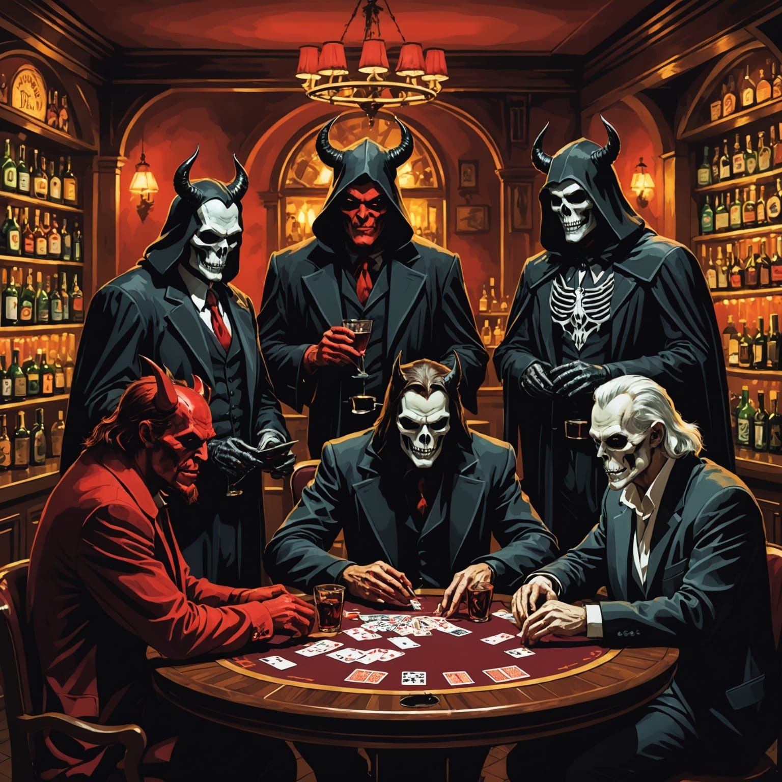 Mysterious Figureheads Engage in Poker Game at a Dark Tavern