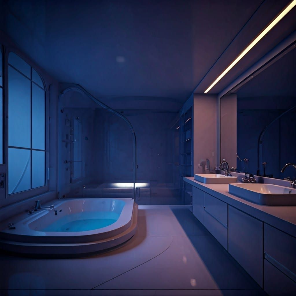 Luxurious Space Age Bathroom in Mauve and Sapphire Hues