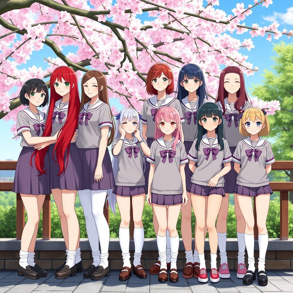 Girls in Spring Uniforms Pose Together Under Cherry Blossoms