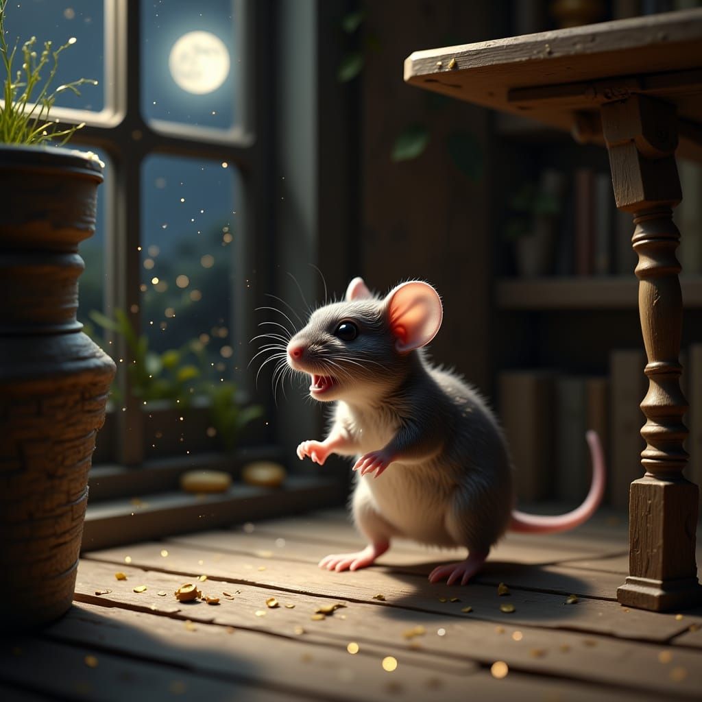 Mouse Explores Cozy Cottage Interior in Realistic Oil Painti...