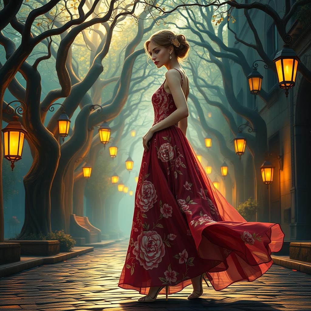 Elegant Woman in Floral Gown on Mystical Street