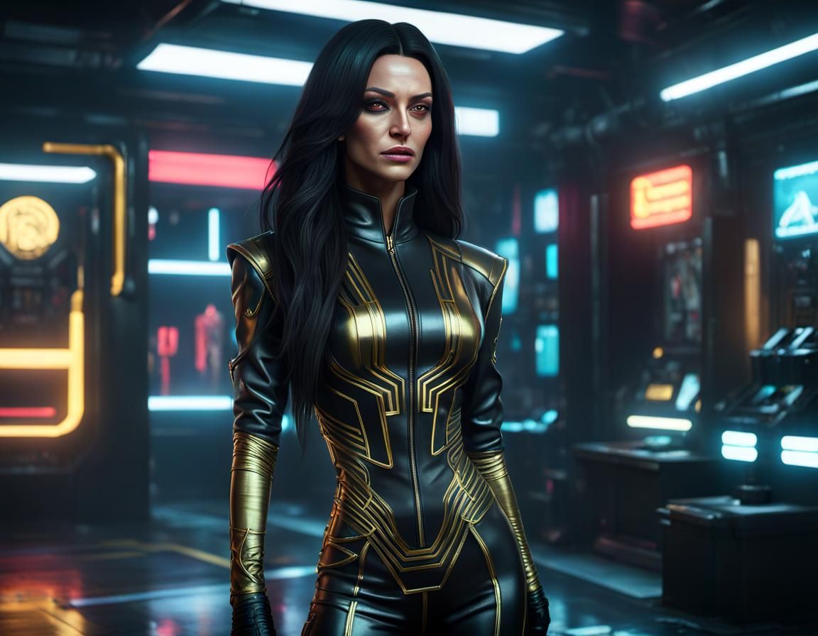 Girl about 30 years old, high mage, looks like Michelle Keegan, tall, slim, bright makeup, strict, black long hair, grap...