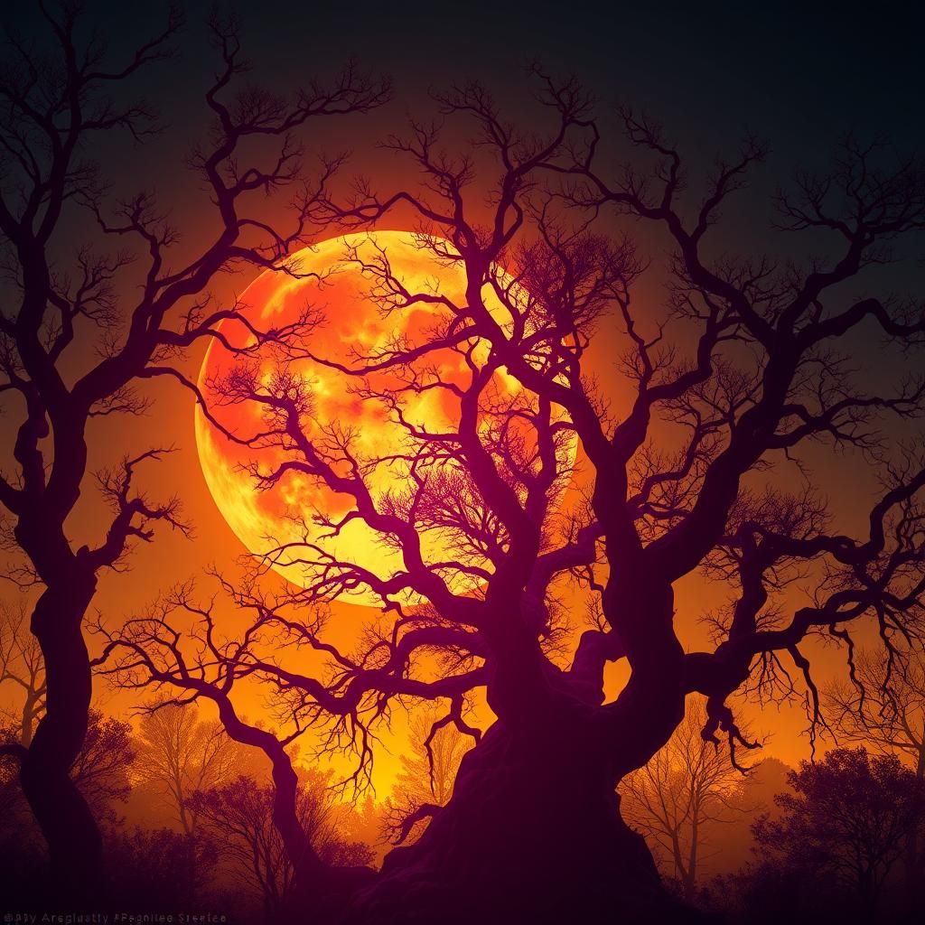 Vibrant Harvest Moon over Ancient Forest
